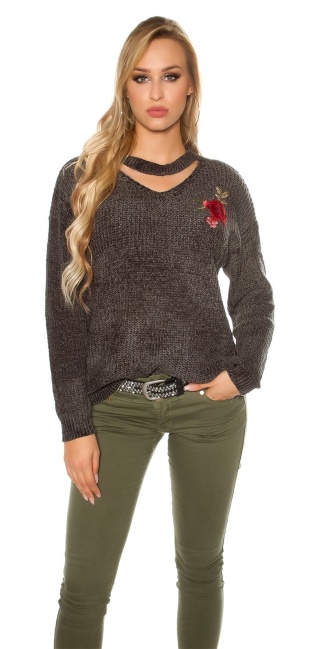 Trendy gebreide sweater-trui met bloemen-print borduurwerk khaki